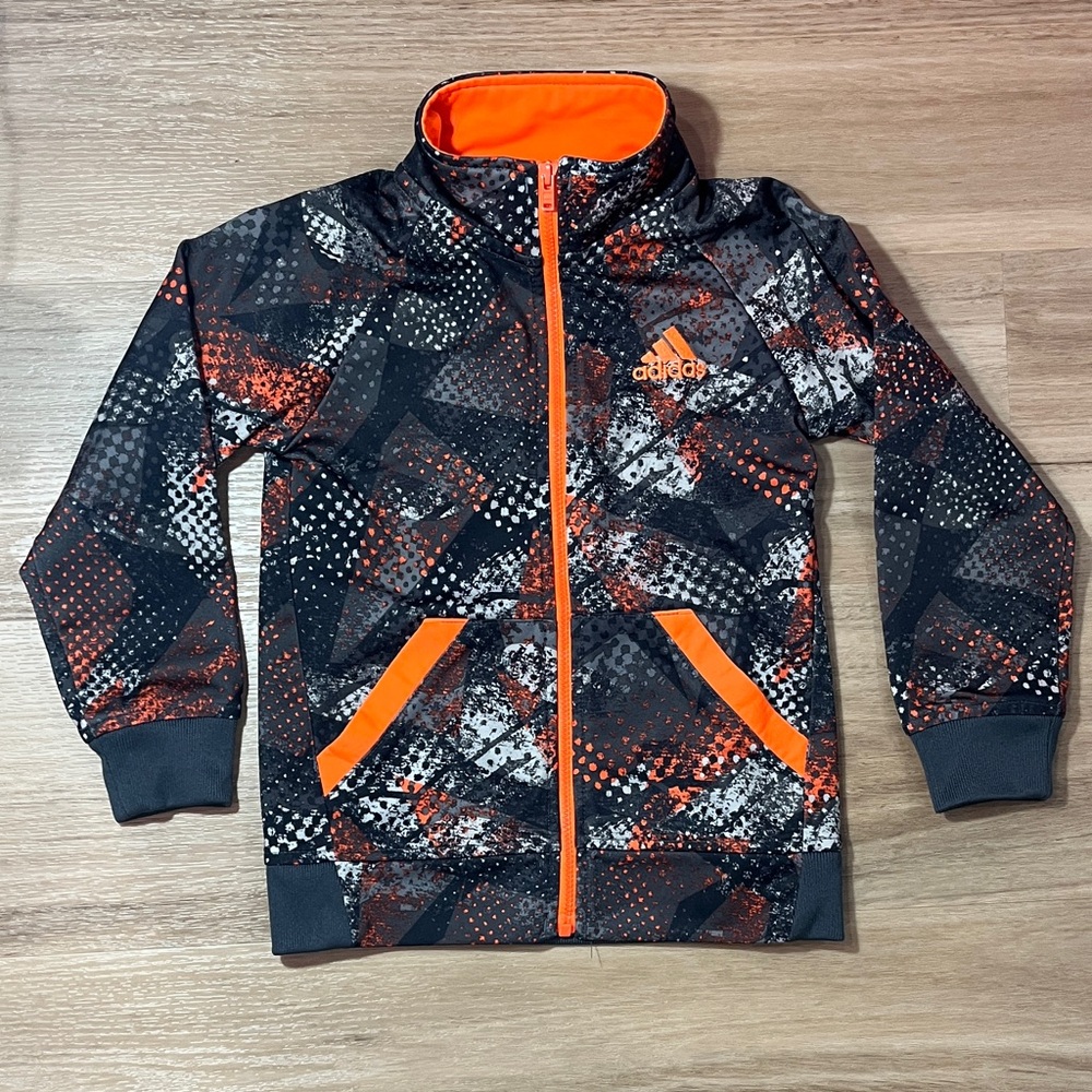 Adidas Kids Orange Black White Gray Track Soccer Sports Full Zip Jacket, size 4T